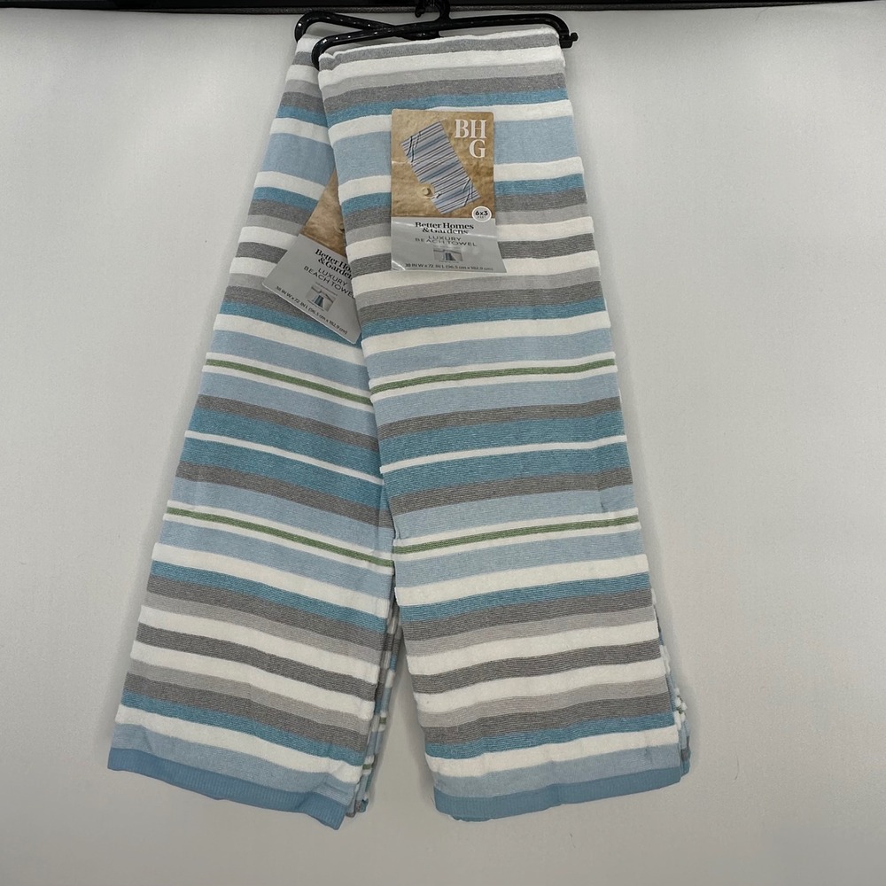 BHG 2PC Blue Gray St Tropez Stripe Beach Towels 6x3 Oversized Vacation Pool Soft